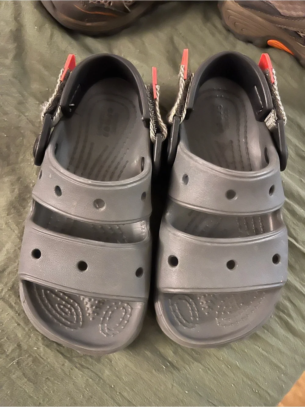 CROCS Kids Gray Slip-On Sandals with Red Strap Tabs